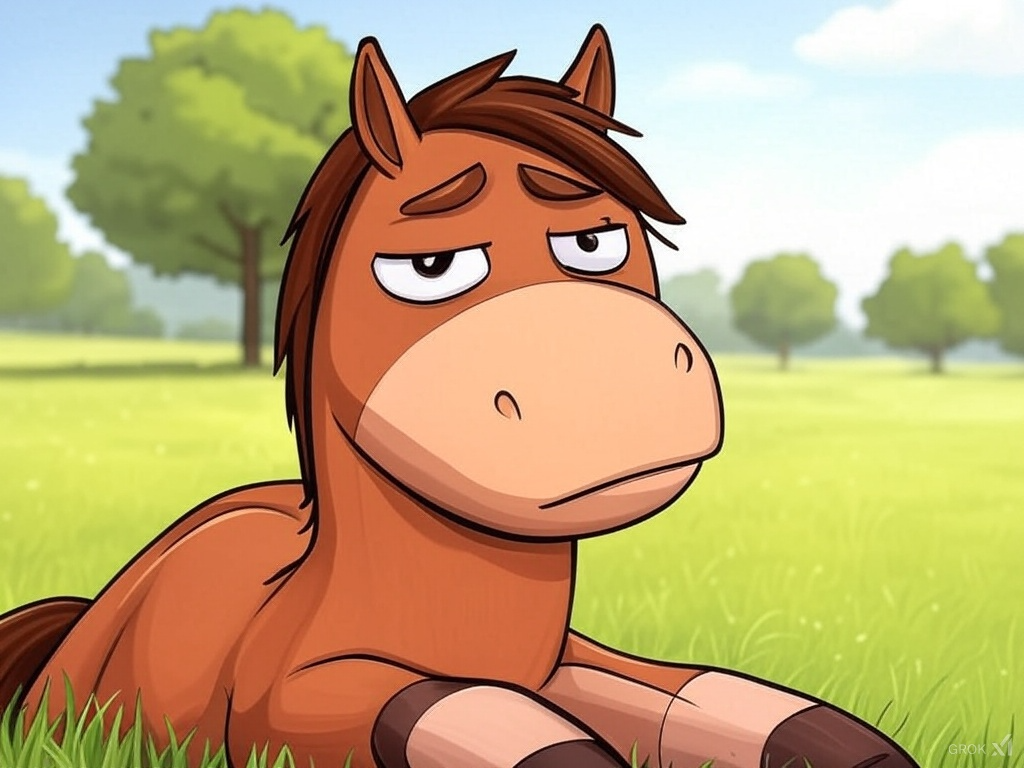 A cartoon-style illustration of a brown horse lying on green grass.
